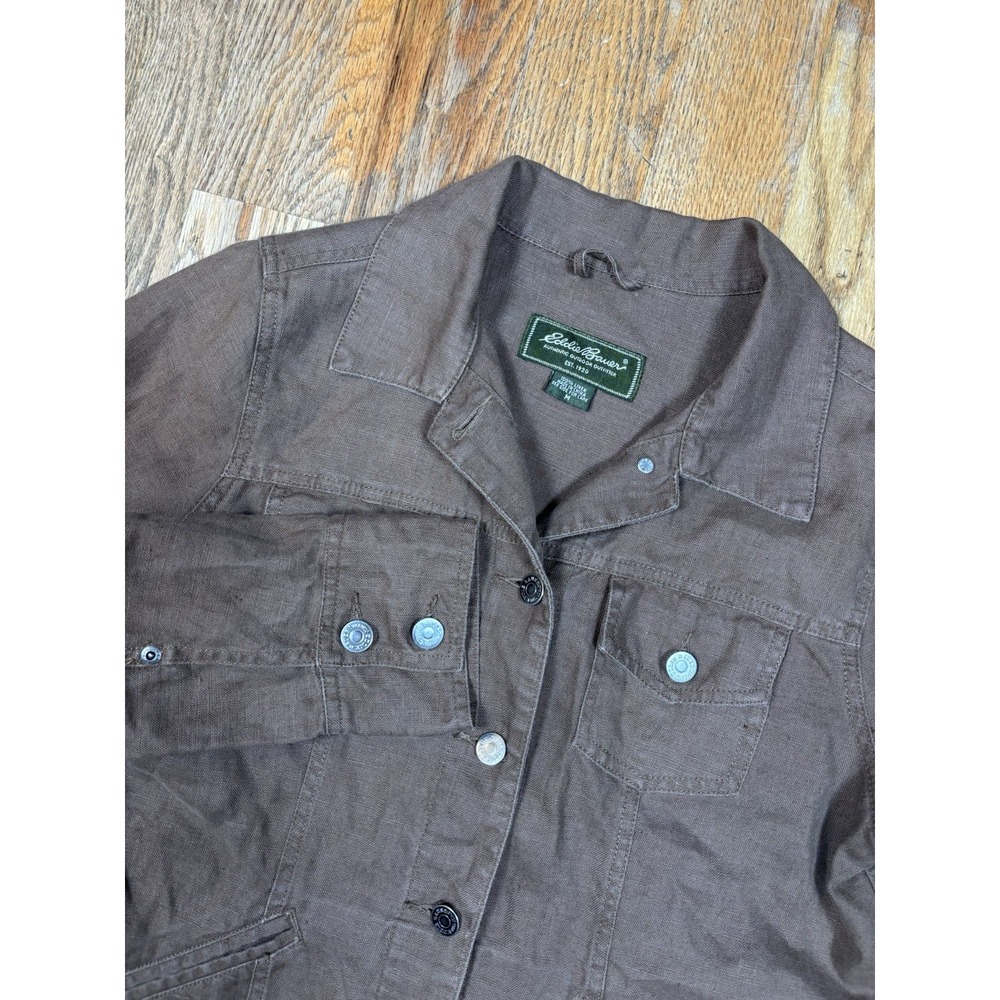 Eddie Bauer 100% Linen Jacket Women Sz‎ Medium Brown Trucker Casual Lightweight